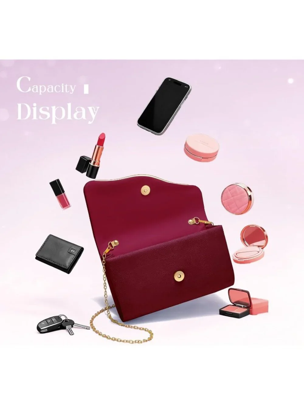 Women’s Burgundy Formal Clutch Purse Elegant Evening Bag Detachable Chain Strap